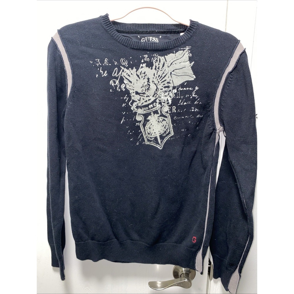 Guess Boys Large Black Grey Accents Graphic Sweater Y2K
